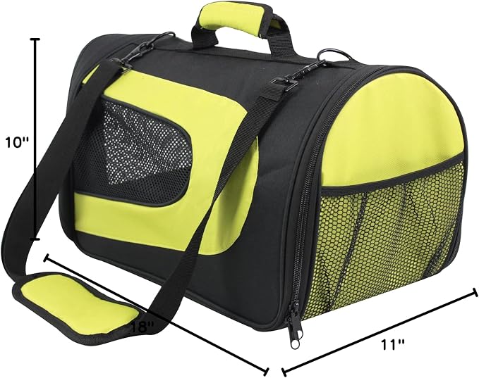 EliteField Deluxe Soft Pet Carrier (3 Year Warranty, Airline Approved), Multiple Sizes and Colors Available (18" L x 10" W x 11" H, Black+Lemon Green)