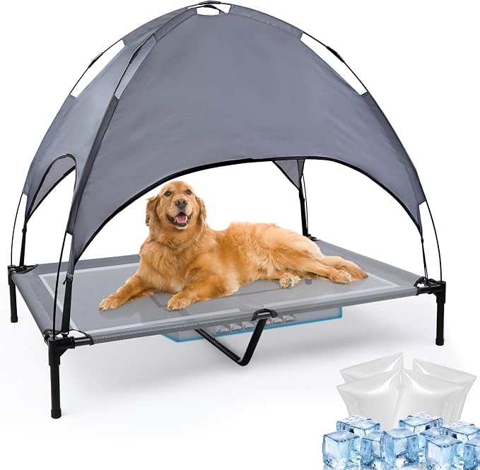 48'' Elevated Outdoor Dog Bed with Canopy, Dog Cot Beds Large Sized Dog | Outdoor Dog Bed with Canopy Medium Large Size Dogs with Ice Pack, Dog Cooling Beds, Outdoor Pet Hammock Beds, Outside Pet Bed