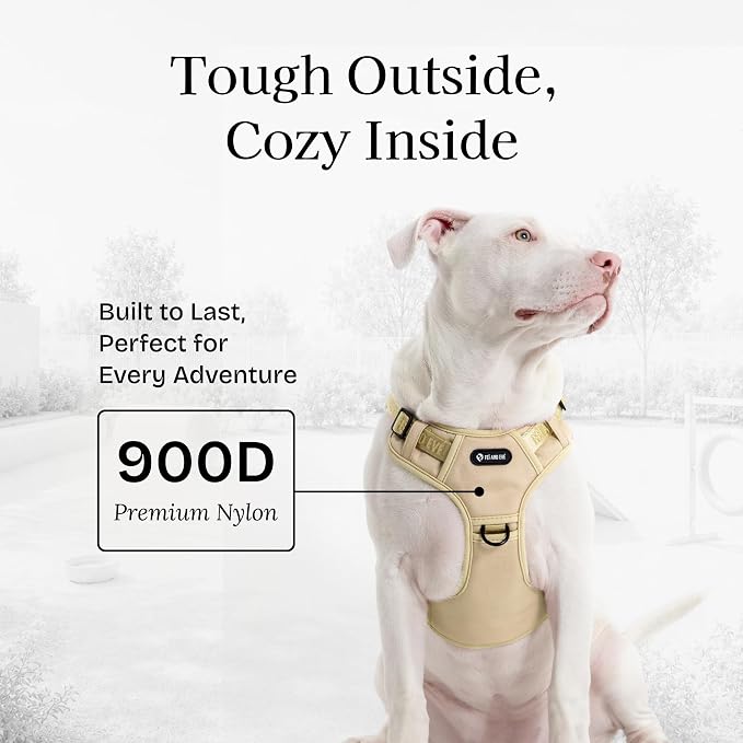 Fei & Eve Classic Dog Harness, MagEase Magnetic Buckle | 3-Point No-Pull Control, Dual Handle Support, 900D Nylon, Tactical Patch Panel, Heavy Duty, Small, Champagne