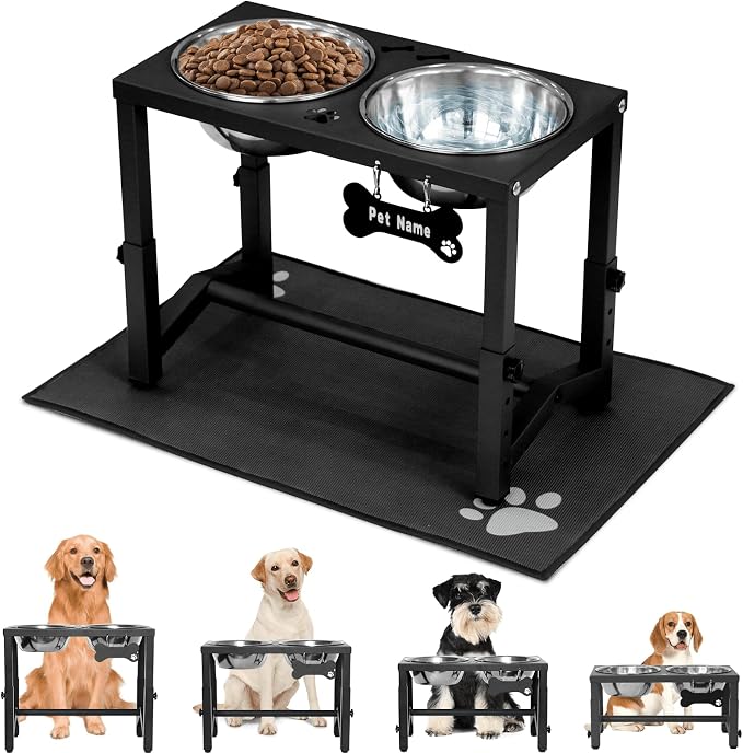 Elevated Dog Bowls, 4 Height Adjustable Metal Raised Bowl Stand with 2 Thick Stainless Steel Food Bowls & Spill-Proof Mat, Adjusts to 13.6'', 12.2'', 10.9'', 9.5'' for Large/Medium Breeds. Black