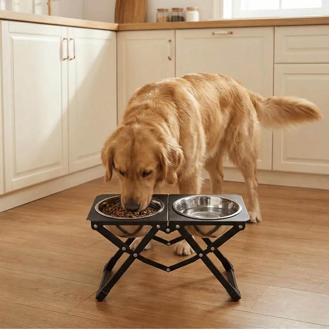 Foldable Elevated Dog Bowl Holder with 2 Large 58oz Stainless Steel Bowls, 10.2" Tall Raised Dog Bowl Stand for Medium/Large Breeds, Indoor and Outdoor Use