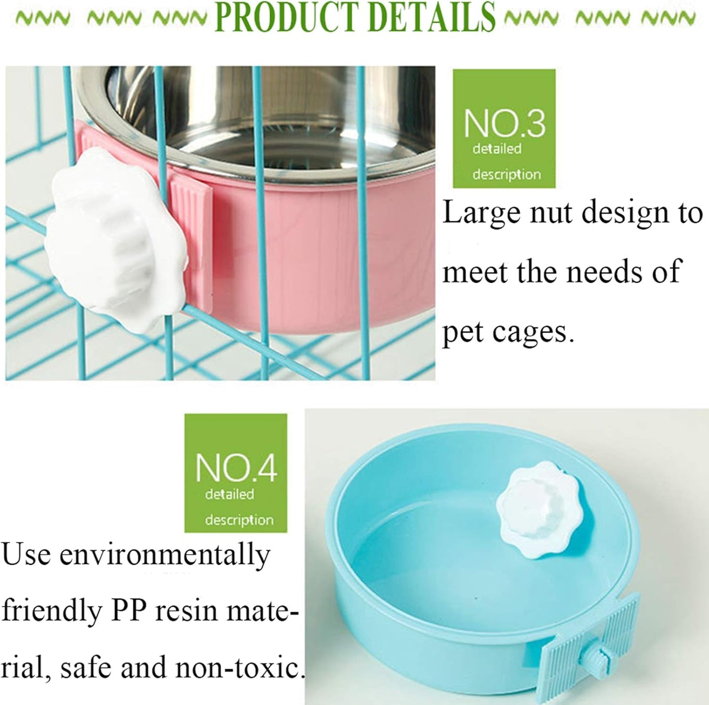 kathson Crate Dog Bowl, Removable Stainless Steel Hanging Pet Cage Bowl Food & Water Feeder Coop Cup for Cat, Puppy, Birds, Rats, Guinea Pigs 3pcs(Blue,Green,Pink)