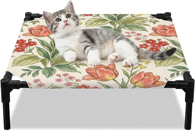 Outdoor Elevated Dog Bed for Small Dogs, Botanical Tulip Breathable Cooling Raised Dog Cot for Indoor/Outdoor, Farmhouse Vines Floral Summer Plants Waterproof Elevated Pet Beds, S 20 x 20 in