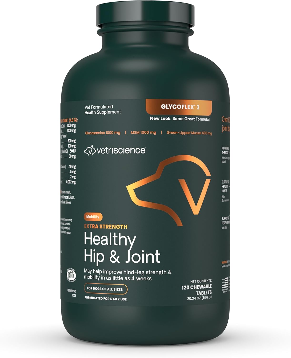 VetriScience Glycoflex 3 Clinically Proven Hip and Joint Supplement for Dogs - Maximum Strength Dog Supplement with Glucosamine, MSM, Green Lipped Mussel & DMG - 120 Chewable Tablets, Chicken Flavor
