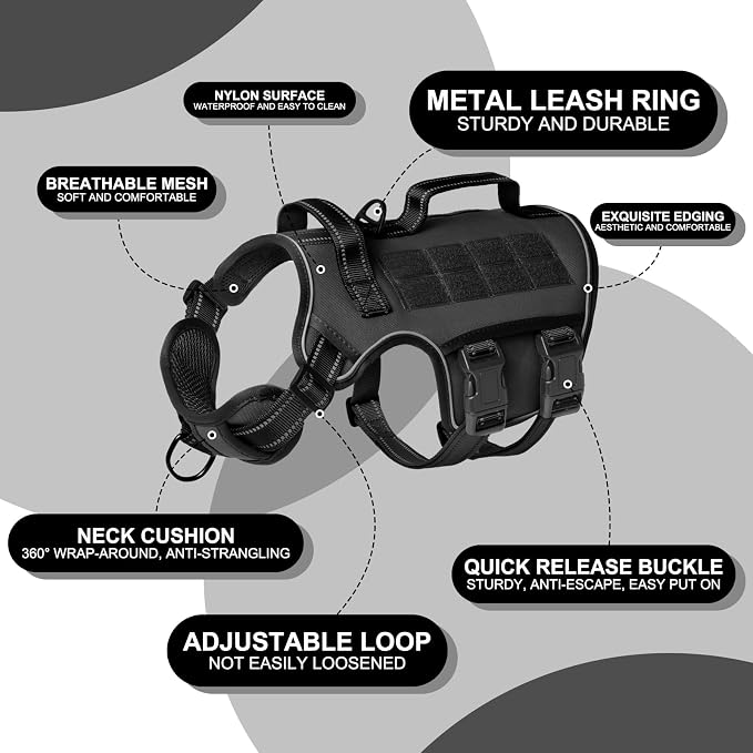Dog Harness Medium Sized Dog, No Pull Dog Vest with Molle System | Tactical, Easy Control With Handle, Breathable Soft Padded, Adjustable, Reflective, No Choke for Walking, Black Medium