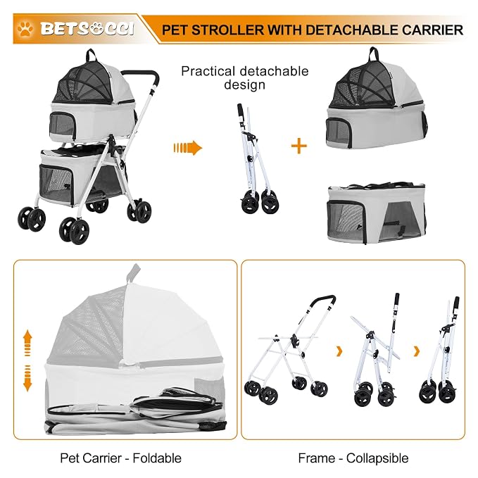 Double Dog Stroller with 2 Detachable Carrier, Portable Pet Stroller for Small Dogs & Cats Folding Lightweight Puppy Travel Carriage, 4 Wheels, Grey