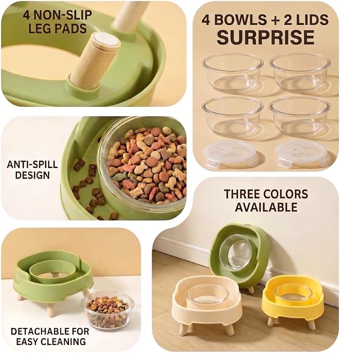 2 Pack Ant Not Cross Elevated Cat Bowls Mess Proof-4 Food Grade Glass Bowls & 2 Lids- No Spill Cat Food and Water Feeding Station for Cats&Puppy Indoor & Outdoor,No Whisker Fatigue Dish