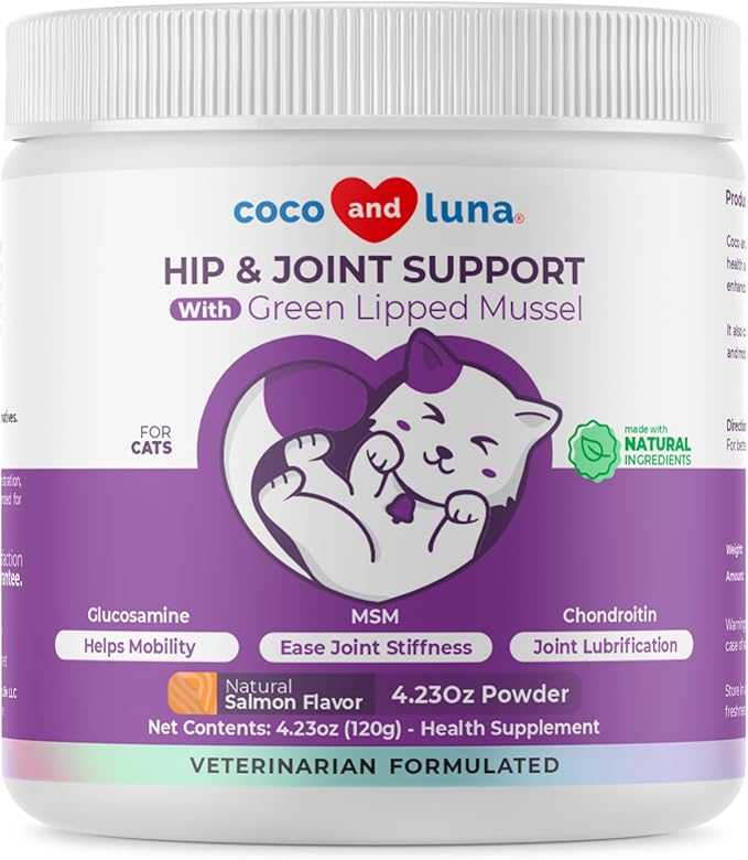 Hip and Joint Supplement for Cats - Glucosamine Powder with Green Lipped Mussel, MSM, Chondroitin, and Vitamin E - 4.23oz/120g