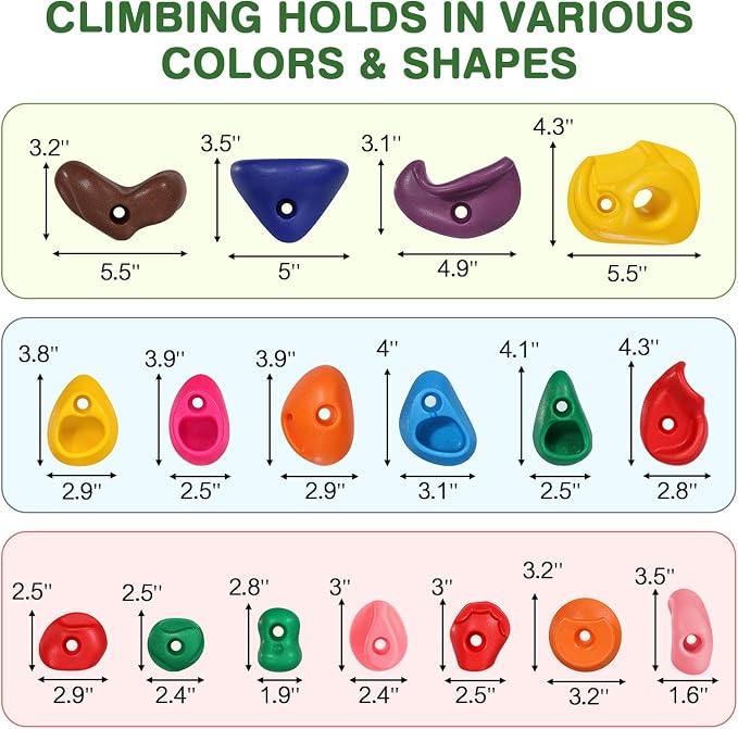 SEKKVY 32 Rock Climbing Holds for Kids and Adults, Multi Size Colorful Plastic Wall Grips with 2 Inch Mounting Hardware, Indoor Outdoor Playground Set