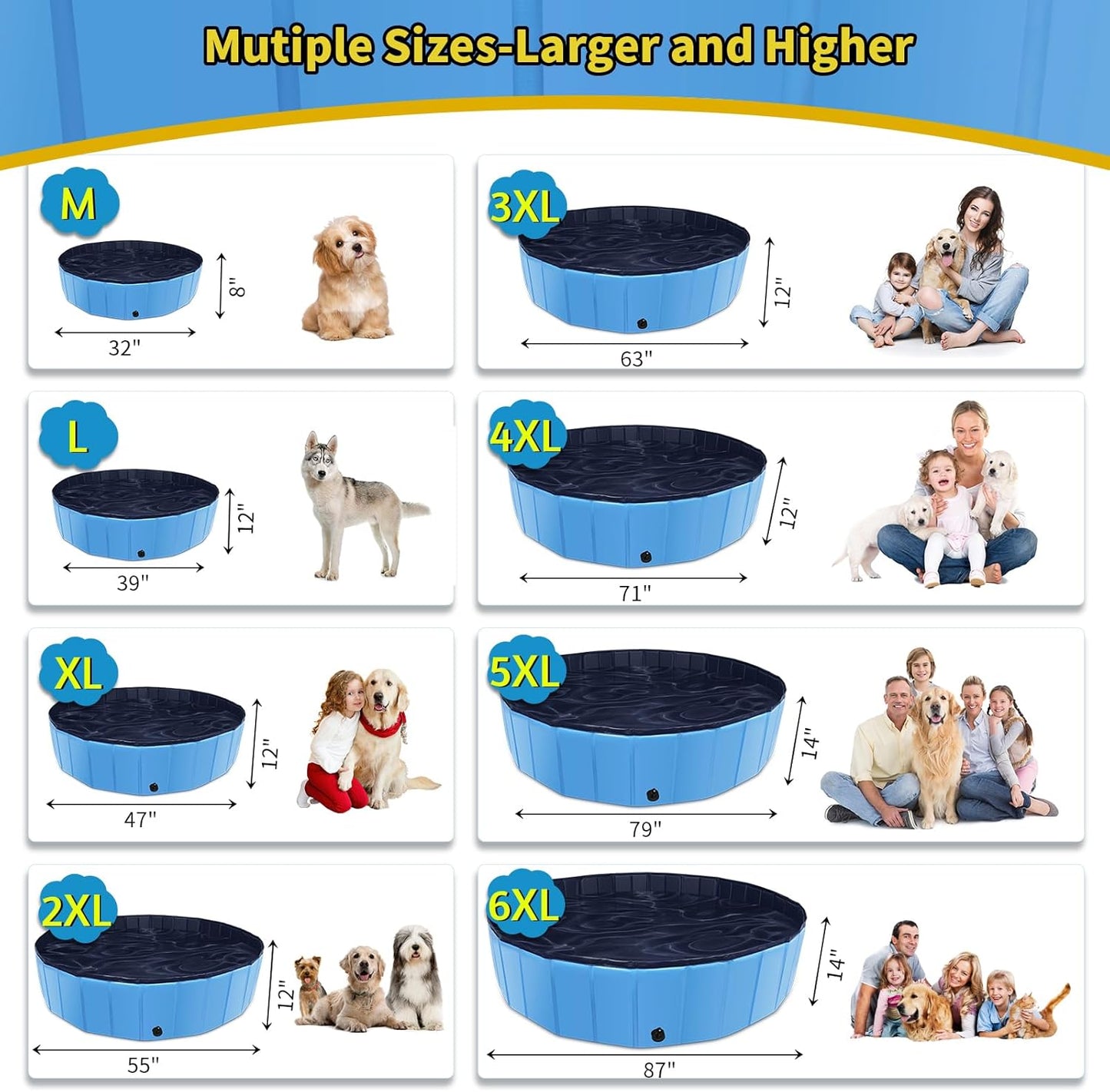 Foldable Dog Pool, 71" x 12" Large Kiddie Pool with Hard Plastic, Non-Slip Dog Bath Tub for Outdoor Backyard, Collapsible Dog Swimming Pool for Kids Dogs Pets (Blue)