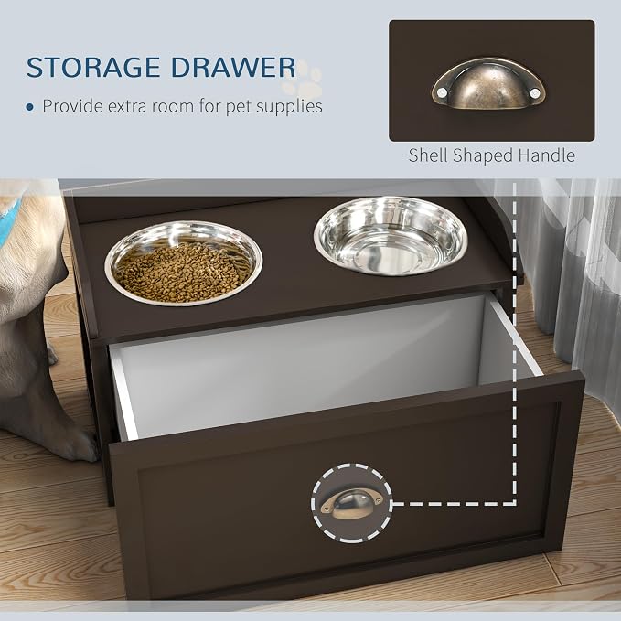 Dog Feeding Station with Storage Drawer & 2 Removable Stainless Steel Bowls | Elevated Design|Wood Construction|Ideal for Kitchen Living Room or Utility Area