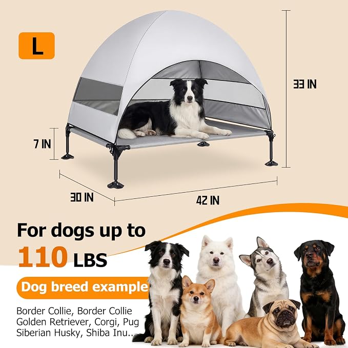 Elevated Dog Bed with Upgraded Canopy, Raised Outdoor Dog Tent with Powerful Anti-Slip Feet, Portable Pet Cot with Larger Shade, Raised Cooling Bed for Camping, Backyard, Beach, Poolside