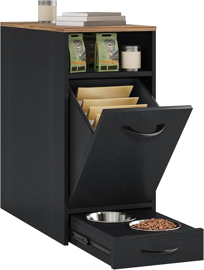 DWVO Dog Feeding Station with Storage & 2 Feeder Bowls | Dog Food Cabinet Pull Out Elevated Dogs Bowl, Black