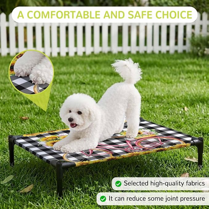 Outdoor Elevated Dog Bed for Large Dogs, Sunflowers Bicycle Breathable Cooling Raised Dog Cot for Indoor/Outdoor, Summer Budding Botanical Floral Lattice Waterproof Elevated Pet Beds, L 28 x 22 in