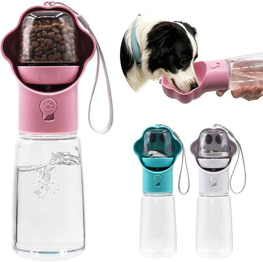 Dog Water Bottle with Food Container, Portable Pet Dispenser, Leak Proof, Hiking, Puppy Travel, Outdoor Activities(18.6 fl.oz/550ml, Pink)