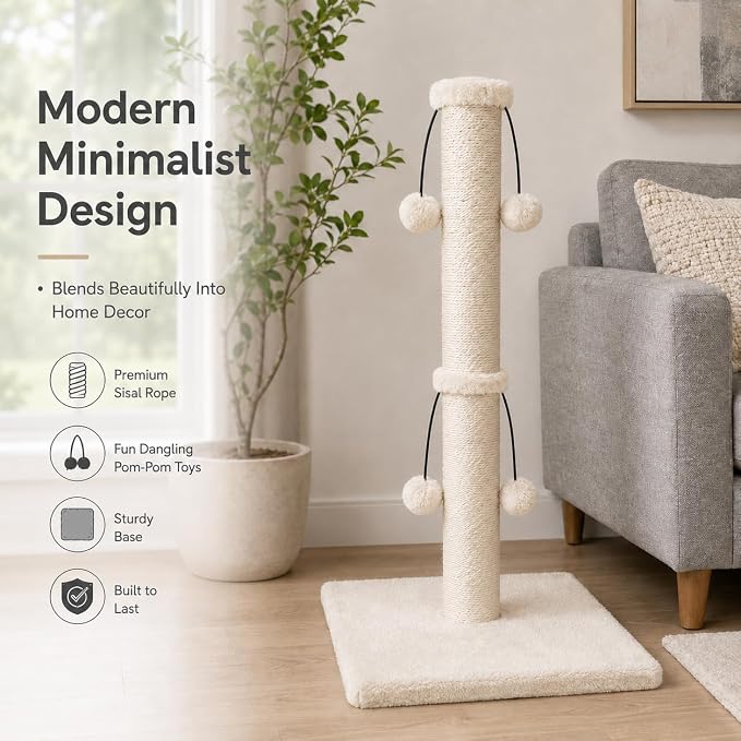 Dimaka 29'' Cat Scratching Post, Natural Sisal Rope Scratch Post with 4 Teasing Toy Balls for Large Cats (Beige)