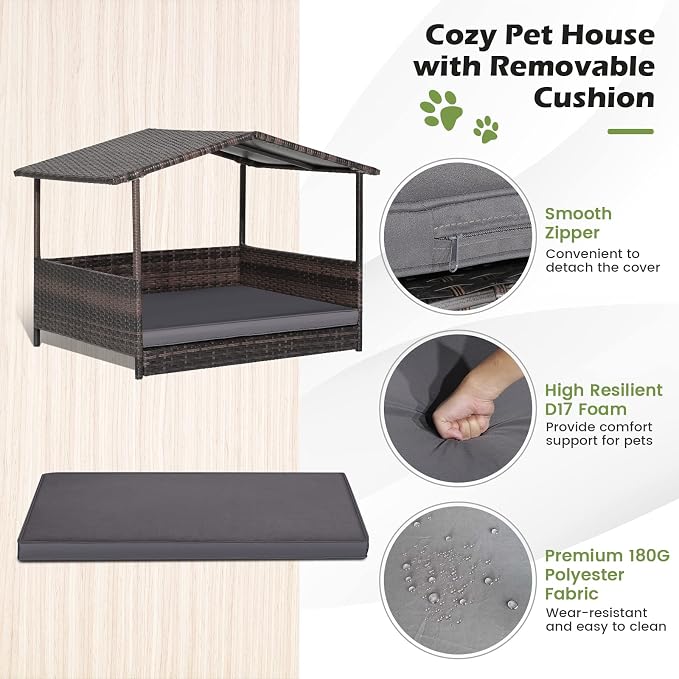 Tangkula Wicker Dog House, Indoor Outdoor Raised Rattan Dog Bed w/Removable Cushion, Washable Cover, Weatherproof Roof, Rattan Puppy Shelter w/Elevated Floor for Small Medium Dogs (Grey)