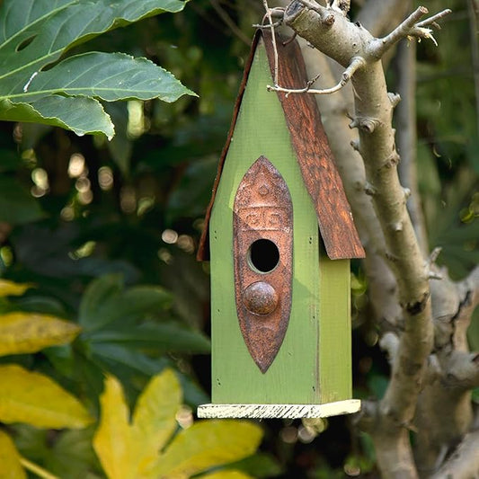 Glitzhome JK97326 Hanging Distressed Wooden Bird House Garden Decorative 13.25 Inch Tall, Green