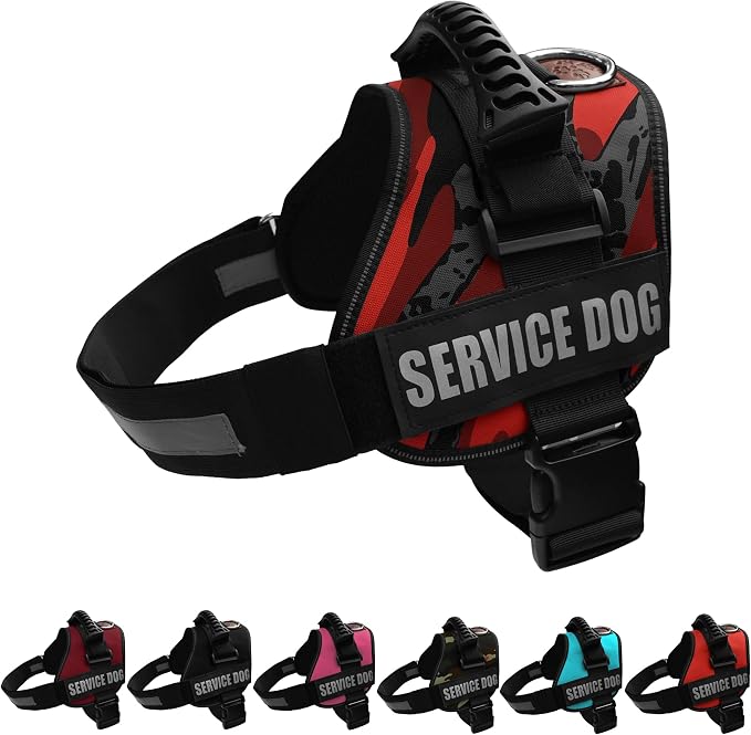 Service Dog Vest Harness – Reflective Service Animal Vest, No-Pull Harness with Handle & Mesh Padding – Sizes XXS-XL for Puppies – 2 Removable Service Patches Included (Large, Red Camo)