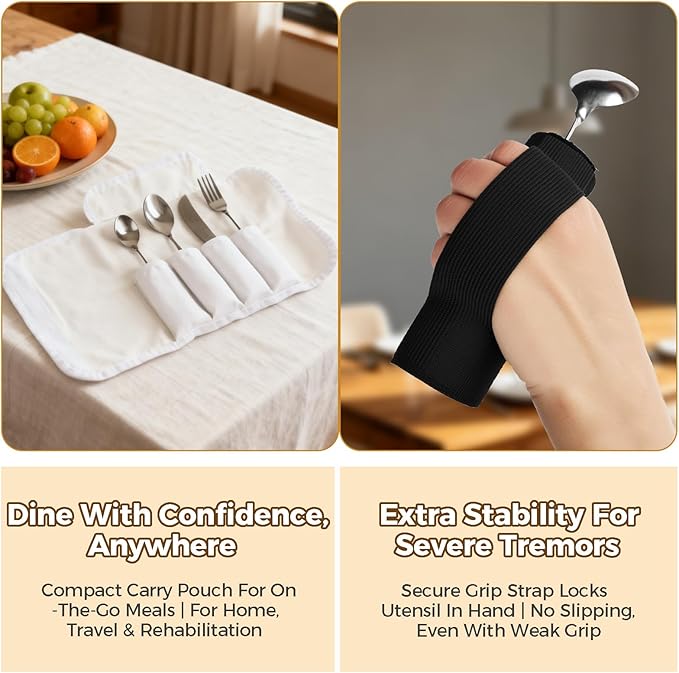 9 Pcs Bendable Adaptive Utensils Set for Parkinson's Arthritis Elderly | Built Up Handle, Stabilizing Tremor, Non-Slip Lightweight Grip, for Weak Grip & Stroke, Independent Dining, BPA-Free