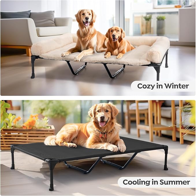 Veehoo Elevated Dog Beds Large Sized Dog with Fluffy Plush Bolster Cushion | Orthopedic Raised Dog Beds for Indoor Outdoor, Soft Pet Sofa Cot with Removable Washable Mat, No-Slip Feet, 59" x 37", White