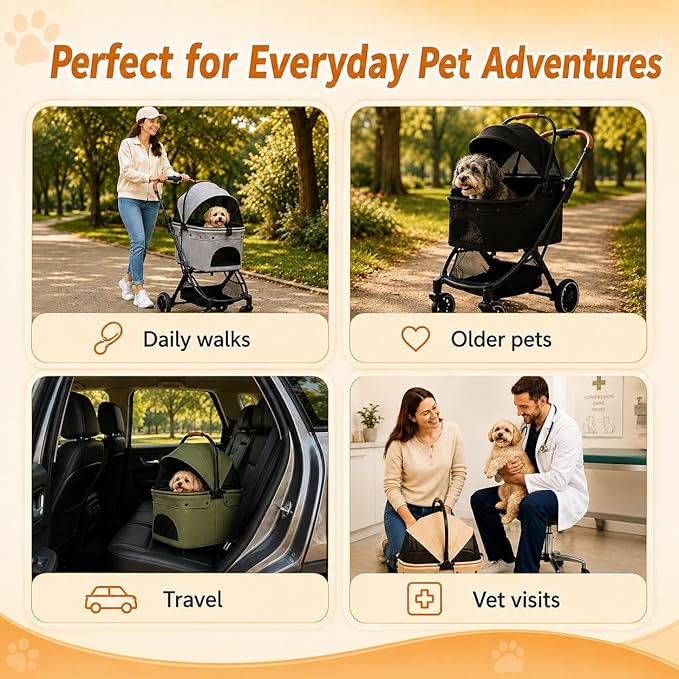 Pet Stroller for Small Dogs and Cats, Detachable Dog Cat Stroller with All-Terrain Shock Absorbing Wheels, One-Click Foldable Design, Adjustable Canopy (Khaki)