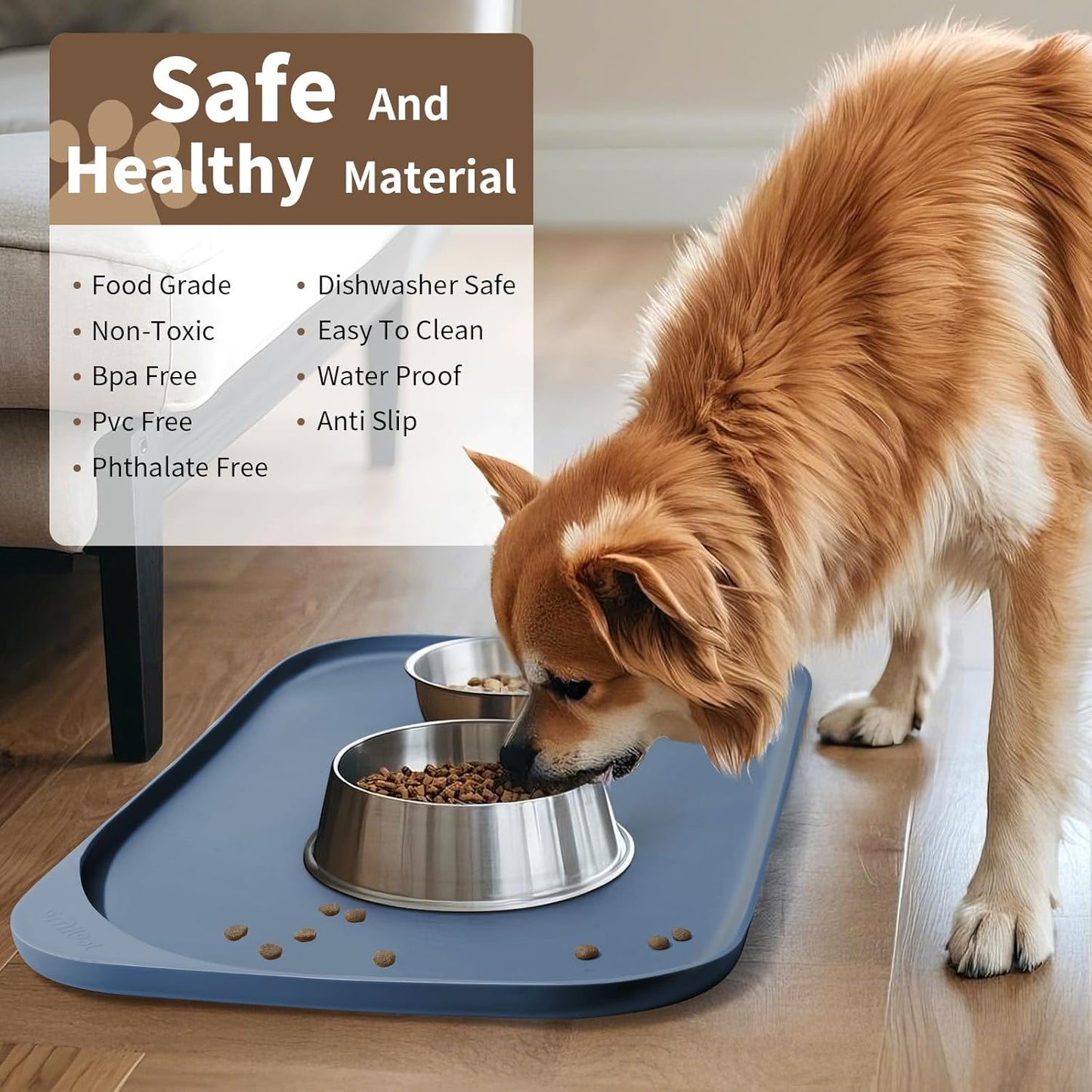 Silicone Pet Feeding Mat with Raised Edge & Residue Collection Pocket for Food and Water, Dog Bowl Mats, Cat Bowls Placemat with High Lip for Floor Waterproof, 24 x 16 x 0.8 Slate Blue