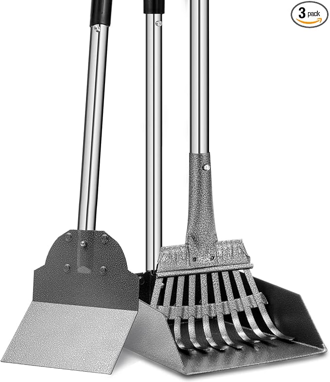 Dog Pooper Scooper, Tray Rake and Spade 3 Pack Poop Scoop Adjustable Long Handle Metal with Bin for Pet Waste Removal, No Bending Clean Up for Large and Small Dogs