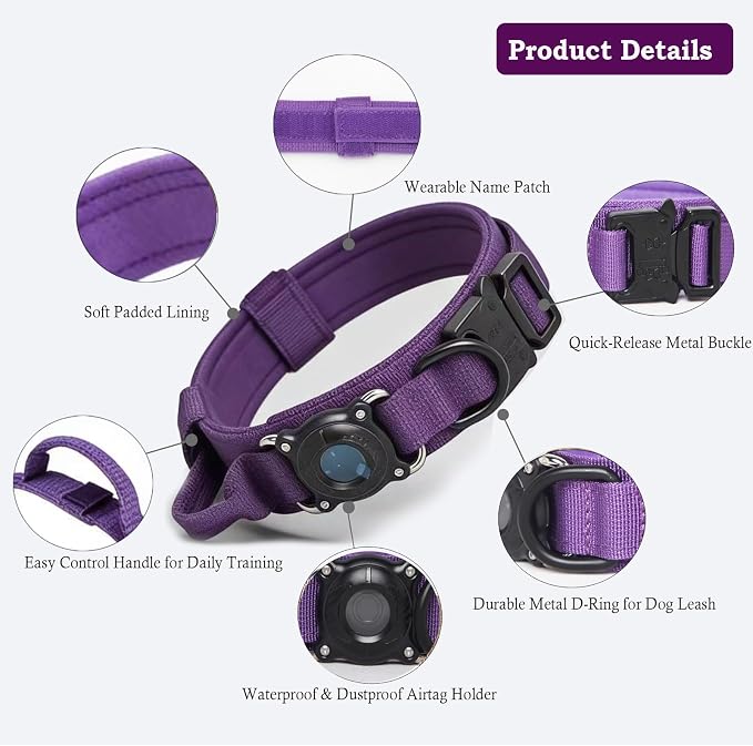 AirTag Dog Collar for Large Dogs Tactical Dog Collar with AirTag Holder | Upgrade Waterproof,Control Handle,Quick-Release Metal Buckle,1000D Nylon Fabric,Soft-Padded Webbing,Velcro Patch(Purple,M)