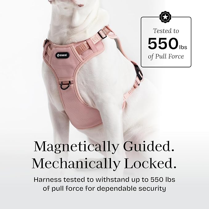 Fei & Eve Classic Dog Harness, MagEase Magnetic Buckle | 3-Point No-Pull Control, Dual Handle Support, 900D Nylon, Tactical Patch Panel, Heavy Duty, Medium, Pink