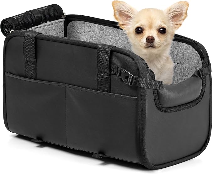 YUDODO 2-12lbs Center Console Dog Car Seat, Pet Booster Seat for Small Dogs | Portable Puppy Cat Seat, PU Leather, Waterproof, Wipe Clean, Safe & Durable, Side Pockets, for Truck & SUV-Width>8in, Black