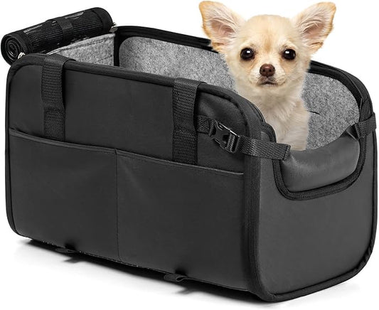YUDODO 2-12lbs Center Console Dog Car Seat, Pet Booster Seat for Small Dogs | Portable Puppy Cat Seat, PU Leather, Waterproof, Wipe Clean, Safe & Durable, Side Pockets, for Truck & SUV-Width>8in, Black