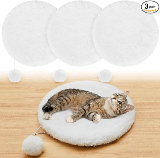 Abbylike 3 Pack 16" Round Cat Dog Bed Cushion Pad Mat Faux Rabbit Fur Pet Sleeping Mat with Small Ball Warm Plush Anti Slip Washable Cat Tree Tower Replacement Cushion Pad for Carrier Crate, White