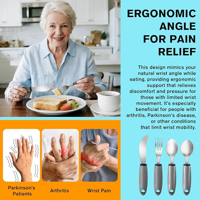AuntyFey 4PCS Weighted Adaptive Utensils, Parkinsons Utensils for Hand Tremors, Elderly, 3.5oz Weighted Utensils for Tremors and Parkinsons Patients, Disabled (Gray, Straight)
