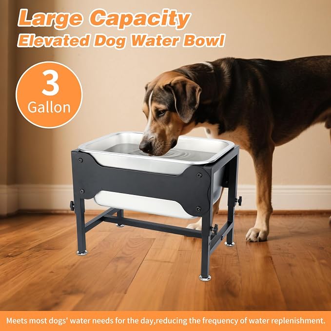 3 Gallon Elevated Dog Water Bowl, Raised Stand for Large Dogs | 4 Adjustable Heights, 9.65-15.16 in Stand, 3 Gallon Bowl, 14 x 10.6 x 5.9 in Size, Indoor Outdoor Use, Easy to Clean