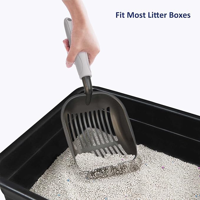Cat Litter Scoop, Non-Stick Plated Aluminum Alloy Sifter, Kitty Durable Metal Scooper, Deep Shovel, Long Handle, Kitten Pooper Lifter, Size Large, Coated Black Body with Grey Handle