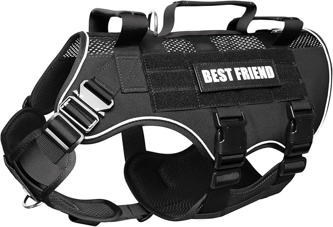 Air Mesh Tactical Dog Harness with Metal Buckles&MOLLE,Black Large | Breathable Adjustable No Pull Service Dog Vest with 3 Padded Handles,Military Dog Harness for Training Hiking Hunting Working