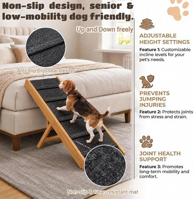 Dog Ramp for Couch, Wooden Small to Large Dog Ramp for Bed Sofa Car | 2026 Upgraded Foldable Pet Ramp, 5 Adjustable Heights (10.8"-23.5"), Portable, Wider and More Stable, Non-Slip