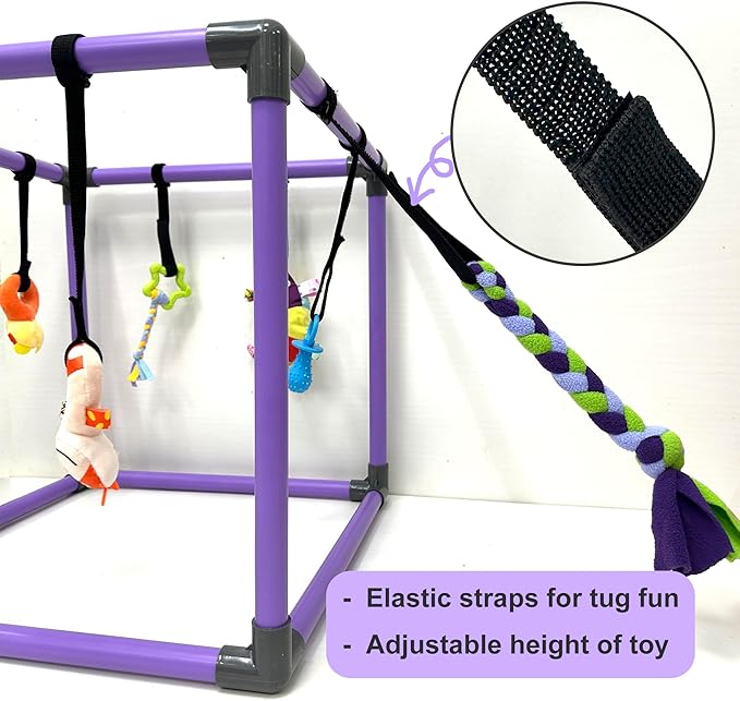 Puppy Play Gym for small dogs with 8 Hanging Interactive Toys Indoor Play | Funny Enrichment Jungle Playground to Keep Them Busy，with Bungee Straps for self-play,19.5*19.5*19.5in