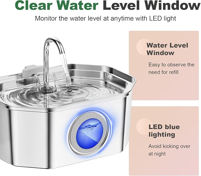 Cat Water Fountain Stainless Steel 108oz/3.2L, APAUK Automatic Pet Fountain Dog Water Dispenser with Water Level Window, Quiet Cat Fountain for Drinking, Inside with Replacement(4 Filters&4 Sponges)