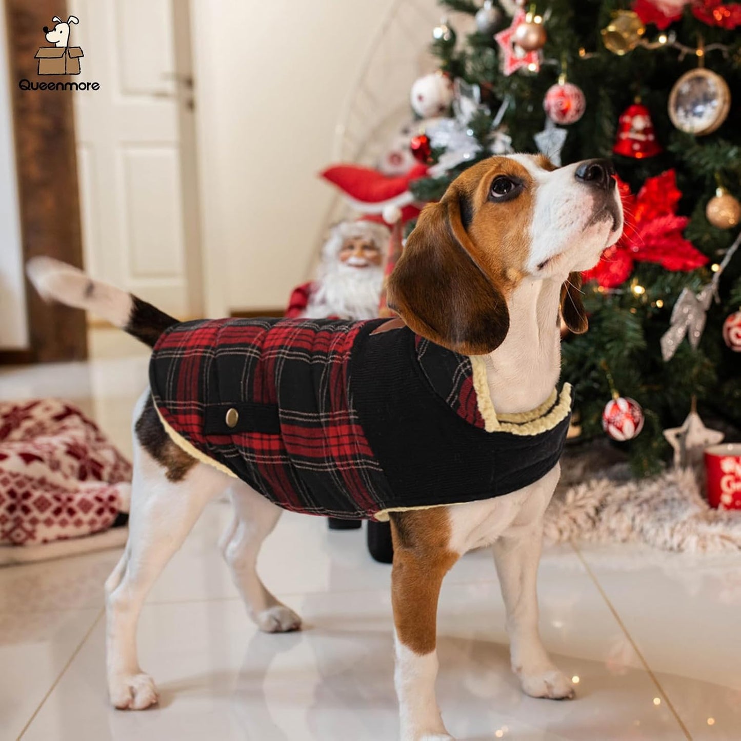 Queenmore Dog Winter Coat Warm Dog Jacket for Cold Weather, Quilting Puffer Plaid Coats for Small/Medium Dogs Waterproof,Girl/Boy Pet Christmas Coat,Pet Snowsuit with Leash Hole/Fleece Padding, M