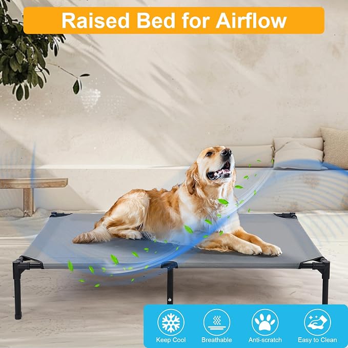 42'' Outdoor Elevated Dog Bed with Six Support Feet, Chew-Proof Raised Dogs Bed, Washable & Breathable Cooling Dog Cot Beds Medium Large Size Dogs, Outdoor Pet Hammock Beds, Outside Pet Beds(Large)