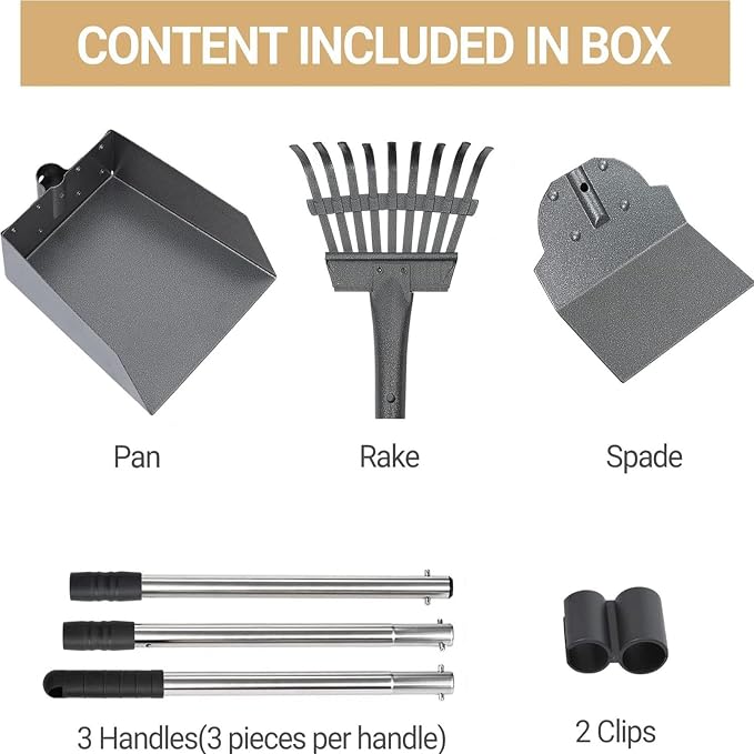 Dog Pooper Scooper Long Handle Adjustable, No Bending (Black) | Heavy Duty Stainless Steel Rake with Tray and Spade Set, Anti Stick, Easy Cleaning, for Grass, Dirt or Gravel