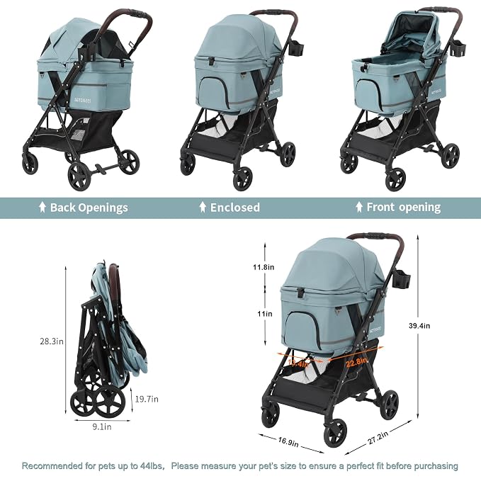 No-Zip Pet Stroller for Small Dogs & Cats, 44 lb, Light Blue | No-Zip Canopy, 44 lb Capacity, Reflective Trim, 2 Tethers, Lockable Front Wheels, Rear Brake and One-Hand Fold