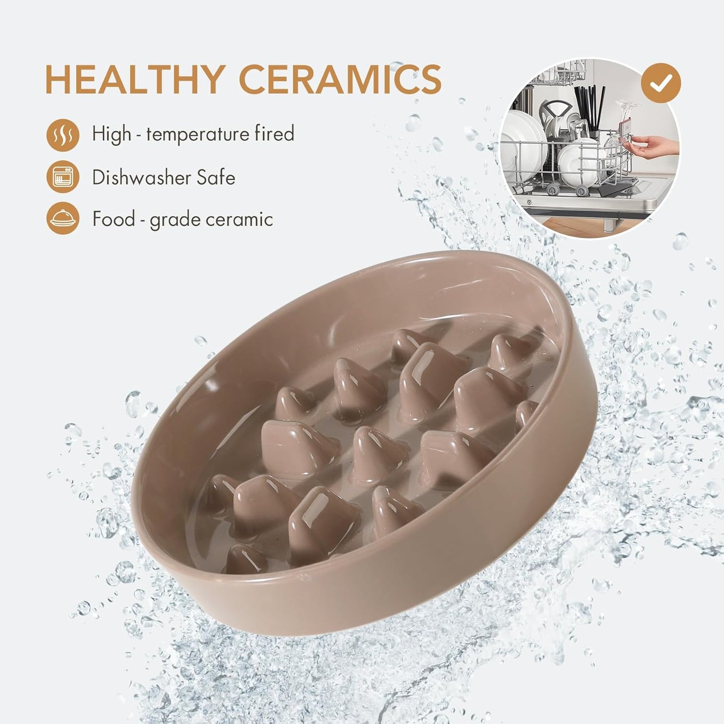 8.2inch Ceramic Dog Raised Slow Feeder Set, Elevated Bowl with Wooden Stand for Large and Medium Dog, Slow Feeder Dish for Fast Easters, Stop Bloat(Brown Coffee, Single Bowl+ Stand)