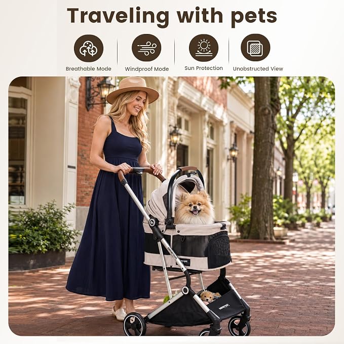T3 Pro Small Dog Stroller (Beige & Net Wall) | Detachable Carrier, 3-in-1 Stroller, Lightweight, Breathable Mesh Fabric, One-Button Braking, Easy to fold