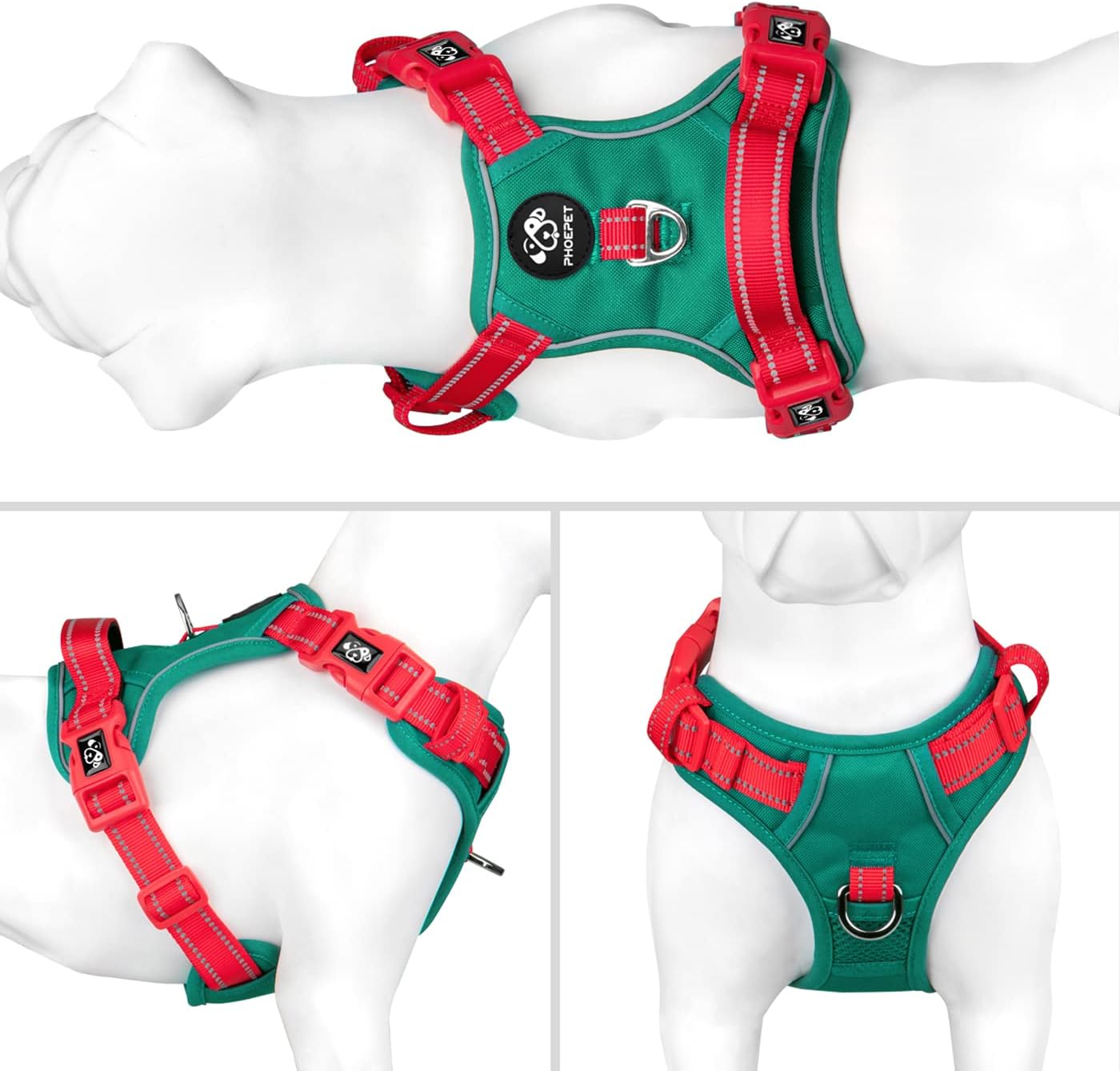 PHOEPET No Pull Dog Harness, Unique Colors Reflective Adjustable Dog Vest, with Soft Training Handle Metal Clips for Small Medium Large Dogs (Dark Green Base & Red Straps,S)