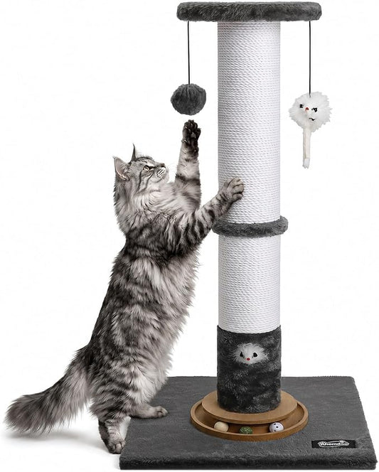 35-Inch Tall Cat Scratching Post, Stable Base for Large Cats, Gray | Heavy-duty, soft natural cotton rope cat scratcher, interactive cat toys, wooden ball track, for kittens and indoor cats