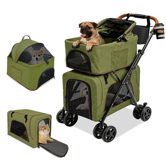 Double Pet Stroller, Foldable Dog Stroller with Detachable Carriers, All-Terrain Wheels, Cup Holder, Storage Bag, for Medium Dogs up to 20 lbs