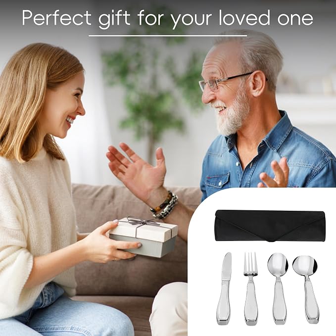 Weighted Utensils for Hand Tremors and Parkinson's Patients - 4 Piece Set of Heavy Stainless Steel Silverware for Elderly, Arthritis, Weak Hand Grip - Includes Knife,Fork,Spoons with Travel Bag,7 Oz